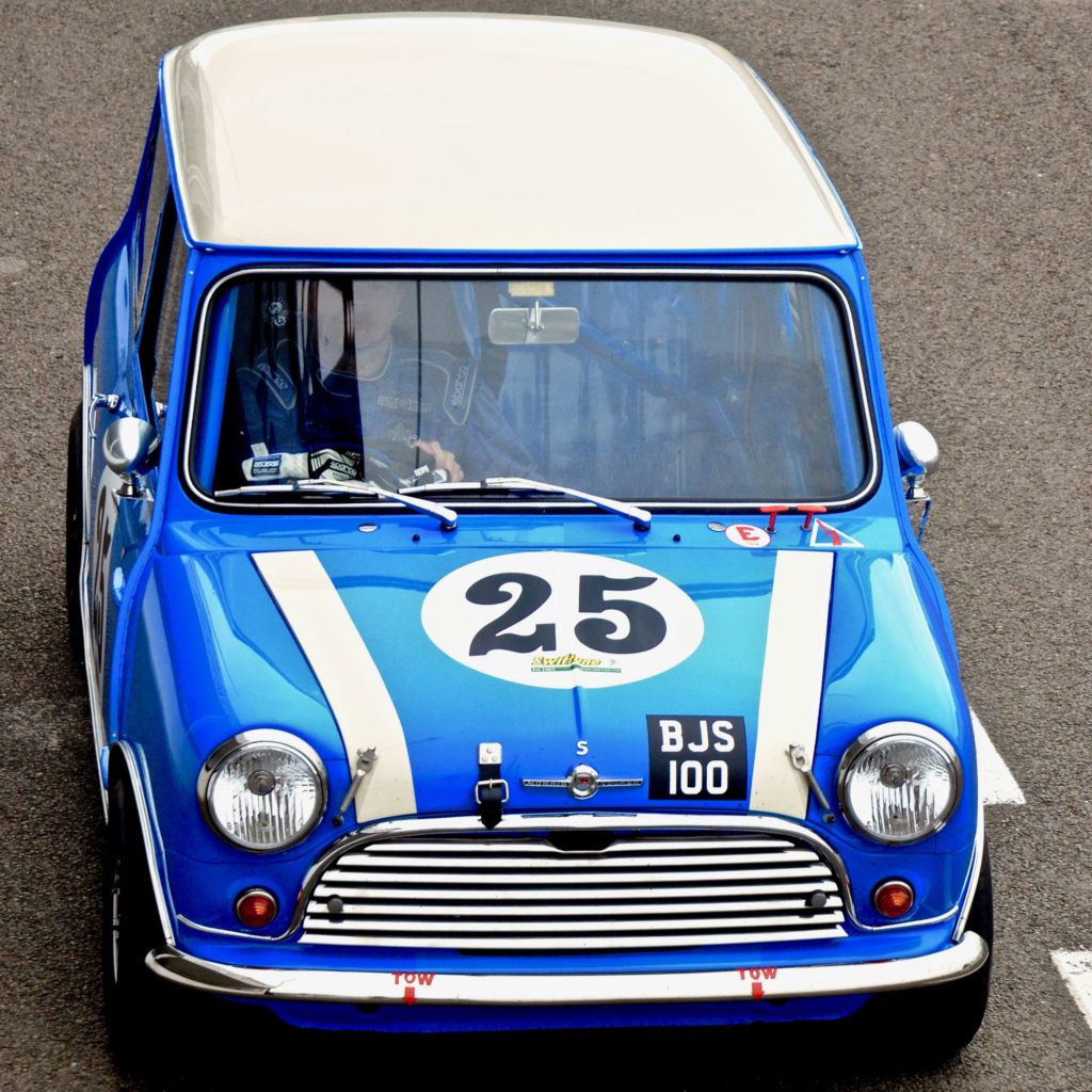 Barry Sime driving the Sime Racing Mini Cooper S, at Goodwood, during practice for the 77MM 2019.